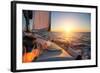 Sailing Ship Luxury Yacht Boat in the Sea during Amazing Sunset.-De Visu-Framed Photographic Print