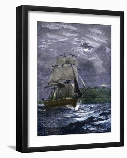 Sailing Ship Passing a Lighthouse Marking the Way to Home Port, 1800s-null-Framed Giclee Print