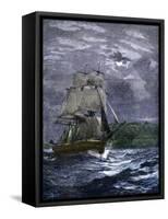 Sailing Ship Passing a Lighthouse Marking the Way to Home Port, 1800s-null-Framed Stretched Canvas