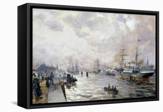 Sailing Ships in the Port of Hamburg, 1889-Carl Rodeck-Framed Stretched Canvas