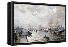 Sailing Ships in the Port of Hamburg, 1889-Carl Rodeck-Framed Stretched Canvas