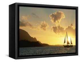 Sailing Yacht at Sunset off Coast of Hanalai Bay, Kauai, Hawaii, USA-Rolf Nussbaumer-Framed Stretched Canvas