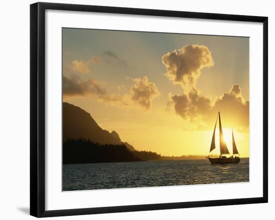 Sailing Yacht at Sunset off Coast of Hanalai Bay, Kauai, Hawaii, USA-Rolf Nussbaumer-Framed Photographic Print