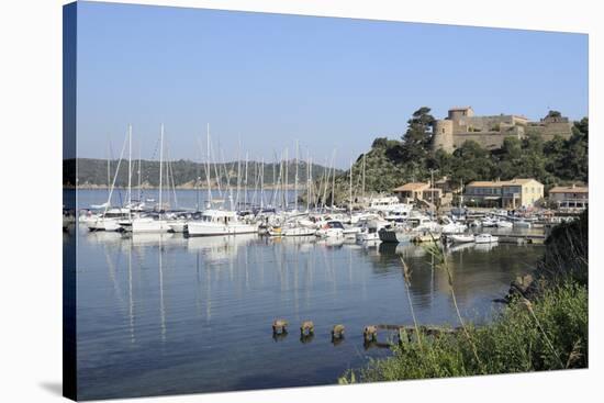 Sailing Yachts and Other Boats Moored at Port Cros Island in Front of Fort De L'Eminence Castle-Nick Upton-Stretched Canvas