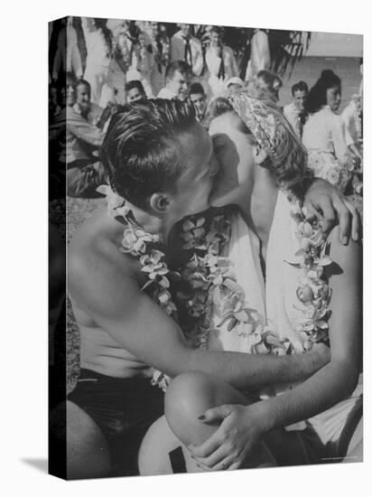 Sailor Kissing Girl During Luau For Navy Personnel on Leave-Eliot Elisofon-Stretched Canvas
