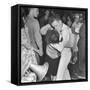 Sailor Kissing Pretty Girl amidst Jubilant Crowd in Celebration Regarding the End of WWII-Gordon Coster-Framed Stretched Canvas