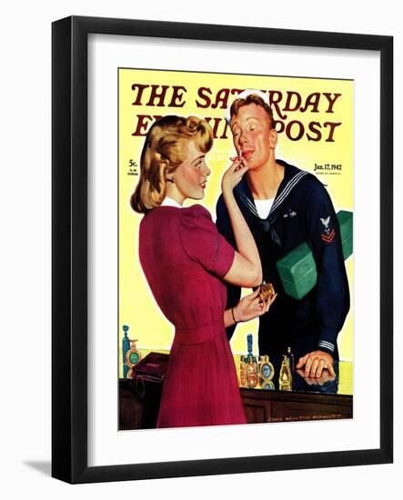 "Sailor Sniffing Perfume," Saturday Evening Post Cover, January 17, 1942-John Newton Howitt-Framed Premium Giclee Print