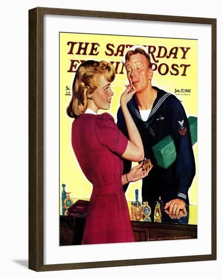 "Sailor Sniffing Perfume," Saturday Evening Post Cover, January 17, 1942-John Newton Howitt-Framed Giclee Print