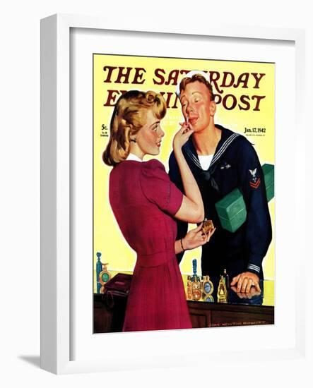 "Sailor Sniffing Perfume," Saturday Evening Post Cover, January 17, 1942-John Newton Howitt-Framed Giclee Print