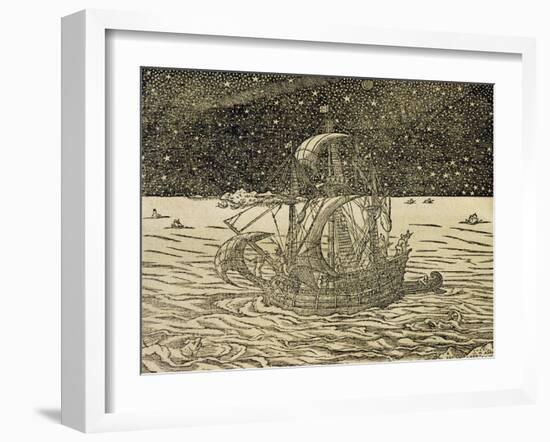 Sailors Following Northern Route, Engraving from Universal Cosmology-Andre Thevet-Framed Giclee Print