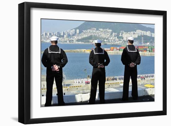 Sailors Man the Rails Aboard the Aircraft Carrier USS Nimitz-null-Framed Photographic Print