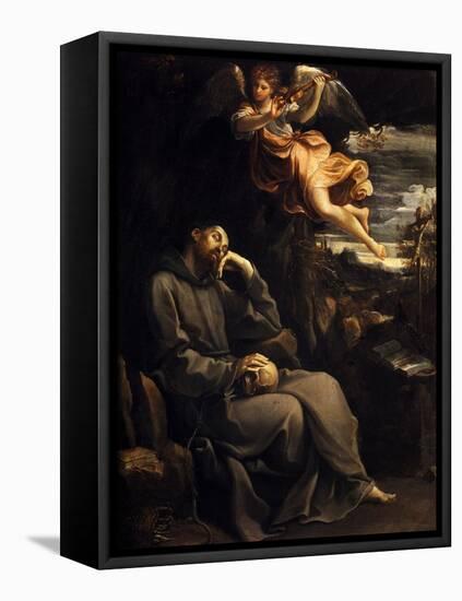 Saint Francis Consoled by the Musical Angel, 1606-07 (Oil on Copper)-Guido Reni-Framed Stretched Canvas