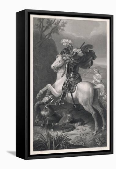 Saint George Slays the Dragon While a Damsel Watches Safely out of Harms Way-Harry Payne-Framed Stretched Canvas