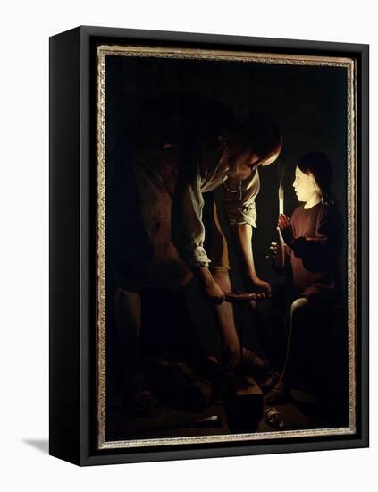 Saint Joseph Carpenter Jesus Child Holds a Candle to Light His Father Joseph at Work. Painting by G-Georges De La Tour-Framed Stretched Canvas
