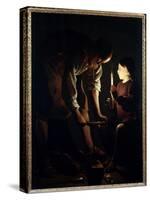 Saint Joseph Carpenter Jesus Child Holds a Candle to Light His Father Joseph at Work. Painting by G-Georges De La Tour-Stretched Canvas