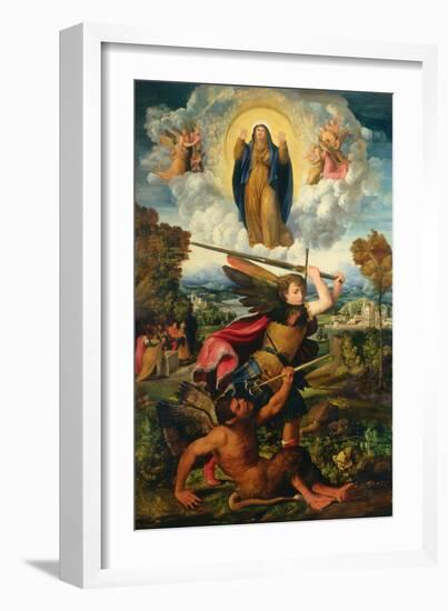 Saint Michael with the Devil and Our Lady of the Assumption Between Angels-Dosso Dossi-Framed Giclee Print