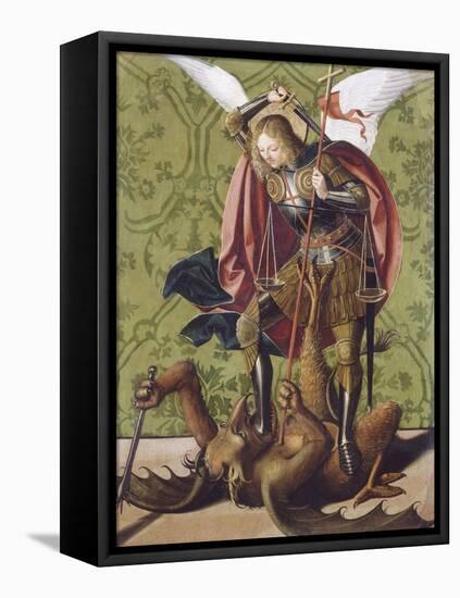 Saint Michel terrassant le démon-Josse Lieferinxe-Framed Stretched Canvas