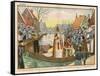 Saint Nicolas Arrives by Canal in a Dutch Village Accompanied by Black Peter-Eugene Damblans-Framed Stretched Canvas