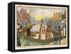 Saint Nicolas Arrives by Canal in a Dutch Village Accompanied by Black Peter-Eugene Damblans-Framed Stretched Canvas