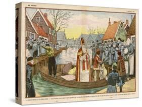 Saint Nicolas Arrives by Canal in a Dutch Village Accompanied by Black Peter-Eugene Damblans-Stretched Canvas
