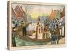 Saint Nicolas Arrives by Canal in a Dutch Village Accompanied by Black Peter-Eugene Damblans-Stretched Canvas