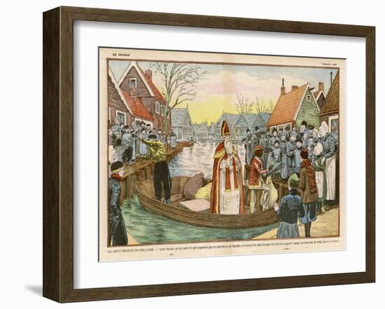 Saint Nicolas Arrives by Canal in a Dutch Village Accompanied by Black Peter-Eugene Damblans-Framed Art Print