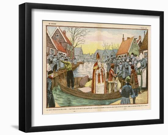 Saint Nicolas Arrives by Canal in a Dutch Village Accompanied by Black Peter-Eugene Damblans-Framed Art Print