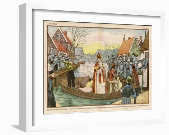 Saint Nicolas Arrives by Canal in a Dutch Village Accompanied by Black Peter-Eugene Damblans-Framed Art Print