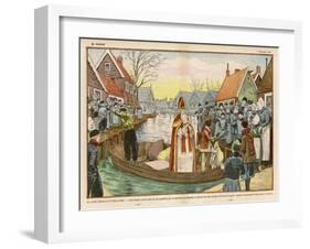 Saint Nicolas Arrives by Canal in a Dutch Village Accompanied by Black Peter-Eugene Damblans-Framed Art Print