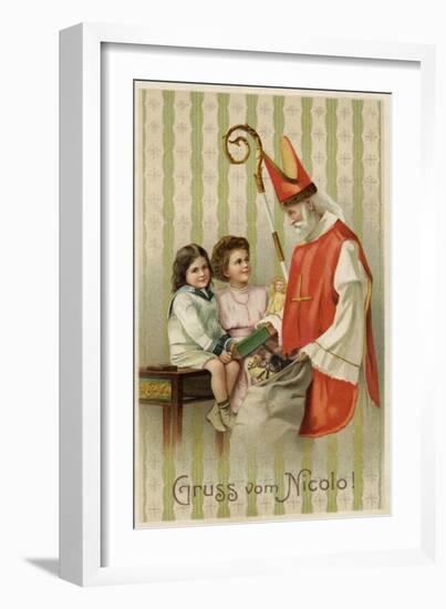 Saint Nicolas of Myra Depicted as Santa Claus, Distributing Presents to Children-null-Framed Art Print