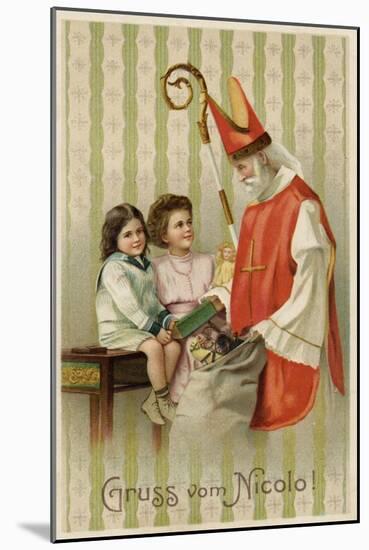 Saint Nicolas of Myra Depicted as Santa Claus, Distributing Presents to Children-null-Mounted Art Print