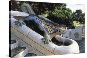 Salamander in Majolica Enamel in Double Staircase with Waterfall in Central Entrance to Guell Park-null-Stretched Canvas