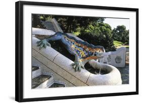 Salamander in Majolica Enamel in Double Staircase with Waterfall in Central Entrance to Guell Park-null-Framed Giclee Print