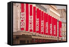 Sale Sign Banners in Central Paris, France, Europe-Julian Elliott-Framed Stretched Canvas