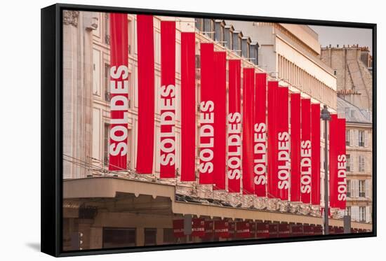 Sale Sign Banners in Central Paris, France, Europe-Julian Elliott-Framed Stretched Canvas