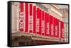 Sale Sign Banners in Central Paris, France, Europe-Julian Elliott-Framed Stretched Canvas