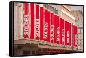 Sale Sign Banners in Central Paris, France, Europe-Julian Elliott-Framed Stretched Canvas