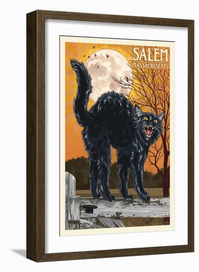 Salem, Massachusetts - Black Cat and Moon-Lantern Press-Framed Art Print