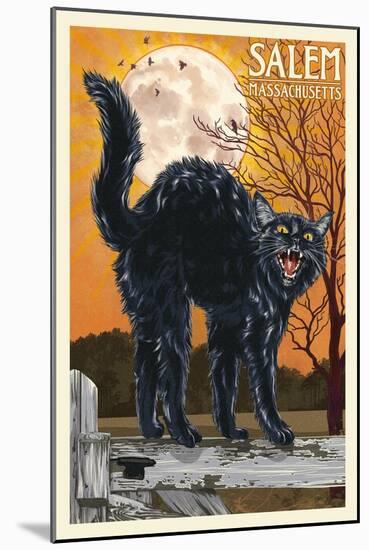 Salem, Massachusetts - Black Cat and Moon-Lantern Press-Mounted Art Print