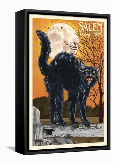 Salem, Massachusetts - Black Cat and Moon-Lantern Press-Framed Stretched Canvas