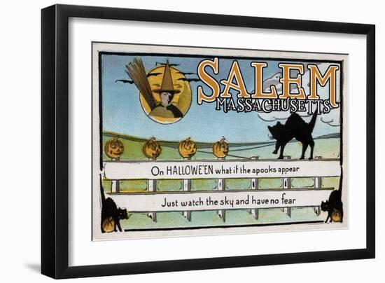 Salem, Massachusetts - Halloween Greeting - Cat on Fence - Vintage Artwork-Lantern Press-Framed Art Print