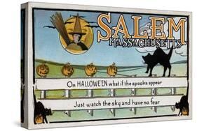 Salem, Massachusetts - Halloween Greeting - Cat on Fence - Vintage Artwork-Lantern Press-Stretched Canvas