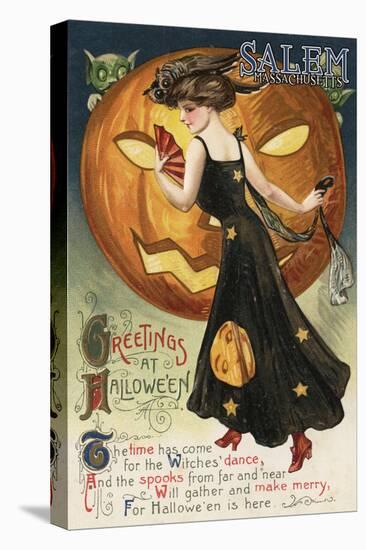 Salem, Massachusetts - Halloween Greeting - Witch Dancing and Pumpkin - Vintage Artwork-Lantern Press-Stretched Canvas