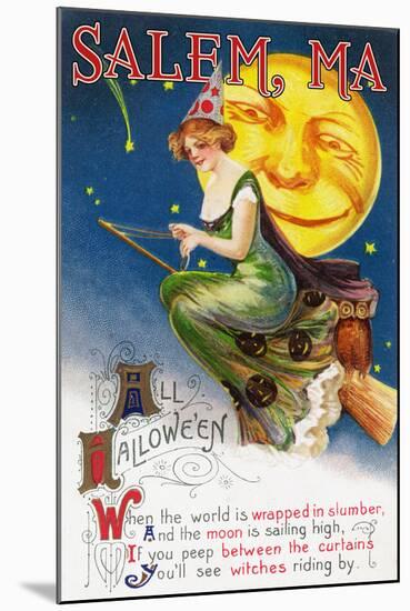 Salem, Massachusetts - Halloween Greeting - Witch on a Broom by Full Moon - Vintage Artwork-Lantern Press-Mounted Art Print