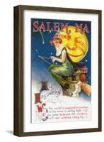 Salem, Massachusetts - Halloween Greeting - Witch on a Broom by Full Moon - Vintage Artwork-Lantern Press-Framed Art Print