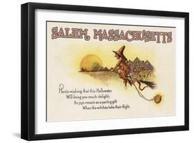 Salem, Massachusetts - Halloween Joys - Witch on Broom - Vintage Artwork-Lantern Press-Framed Art Print
