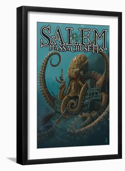 Salem, Massachusetts - Octopus and Submersible-Lantern Press-Framed Art Print