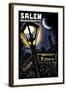 Salem, Massachusetts - Street Lampost at Night - Scratchboard-Lantern Press-Framed Art Print