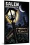 Salem, Massachusetts - Street Lampost at Night - Scratchboard-Lantern Press-Mounted Art Print