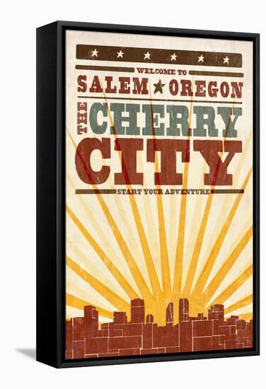 Salem, Oregon - Skyline and Sunburst Screenprint Style-Lantern Press-Framed Stretched Canvas